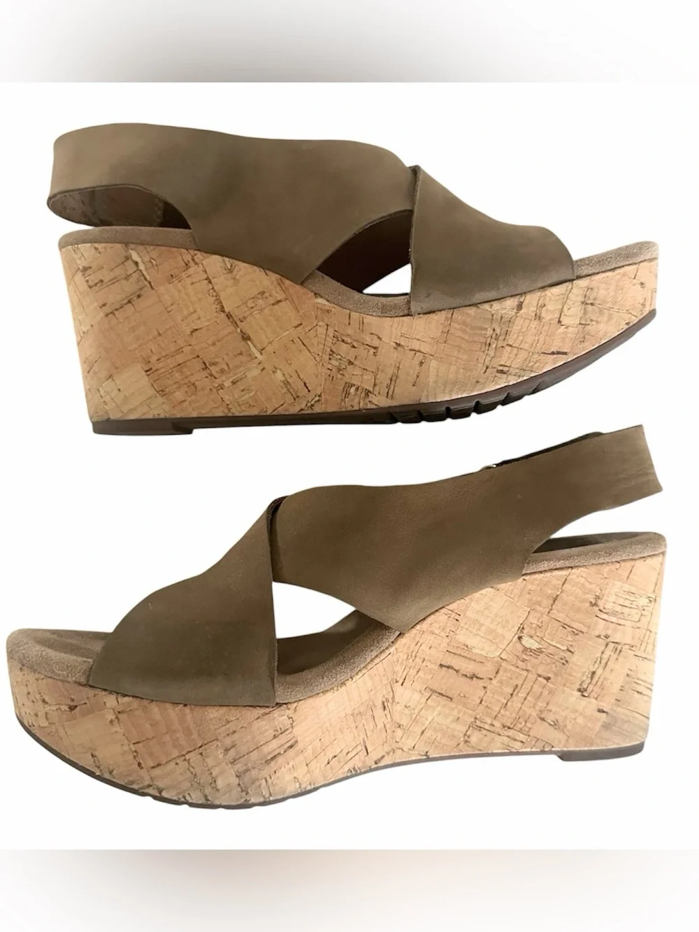 Clarks Artisan Caslynn Shae Cork Wedge Sandals Brown Tan Leather 3” Slingback 7M